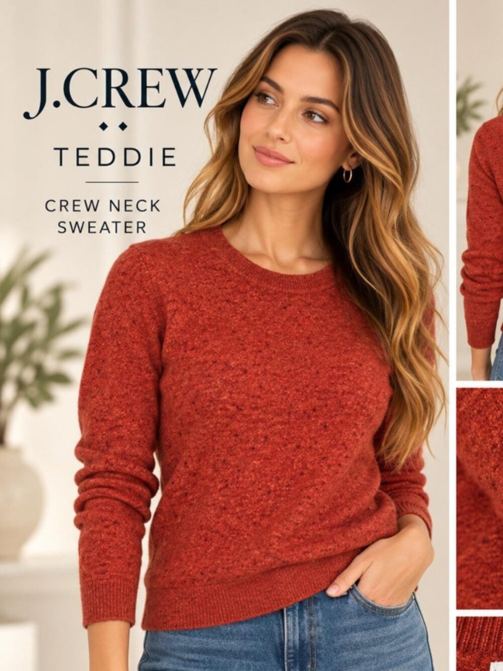 J.Crew Wool/Cotton Blend Teddie Crewneck Sweater - Burnt Orange Heather (Size M)